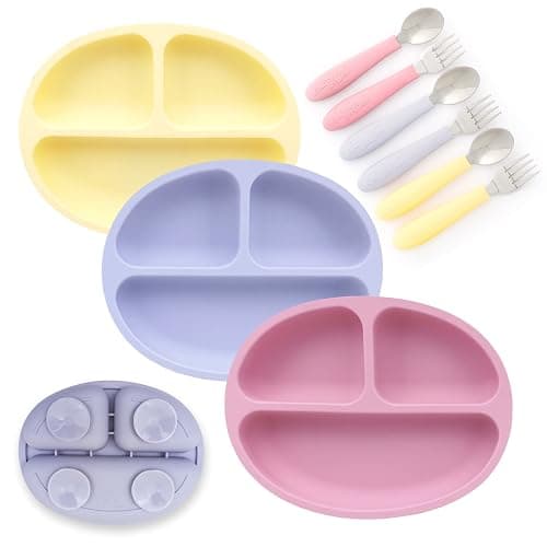Elk and Friends Silicone Suction Plate for Babies/Toddlers + Stainless Steel Silverware Feeding Set | Divided Plate | Suction Design | Forks + Spoons Included | 3 Pack thumbnail 4