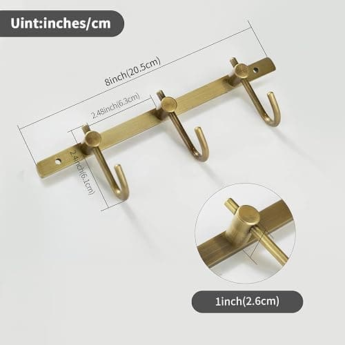 WINCASE Antique Brass Towel Hook Rack, Brushed Wall Hooks with 3 Hooks - Rustic Bath Coat Hook Holders thumbnail 3