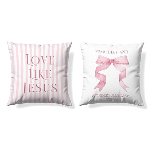 GTYNU Coquette Pink Bow Christian Throw Pillow Covers 18x18 Set of 2,Pink Bow Christian Room Bedroom Dorm Decor Aesthetic for College Teen Girls Gifts, Inspirational Bible Verses Bow Pillowcase(03) - Image 1