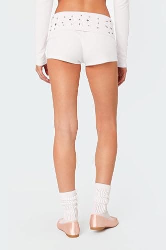 Fernvia Women Low Waist Studded Fold Over Shorts Rivet Shorts Slim Fit Boxer Short Rave Mini Bottoms thumbnail 3