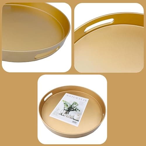 Omuriko Gold Round Decorative Tray with Handles, 13" Versatile Serving Tray for Coffee Table, Ottoman, Ideal for Serving, Displaying, Organizing thumbnail 4