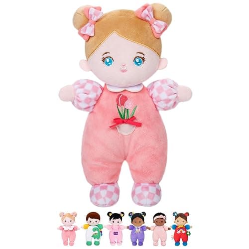 OUOZZZ Soft Plush Baby Doll 10" Tulip Pink Snuggle Buddy | First Birthday Toys for 1 Year Old Girl, Ideal 1 Year Old Girl Gifts & Baby Girl Gifts, Cuddly Toy for Infants & Toddlers - Image 1