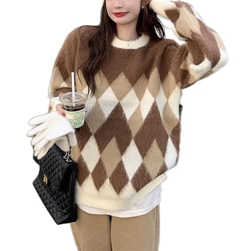 Women Argyle Plaid Oversized Sweater Dark Academia Clothing Y2k Vintage Aesthetic Pullover Top Harajuku Preppy Clothes - Large B Brown - Image 1