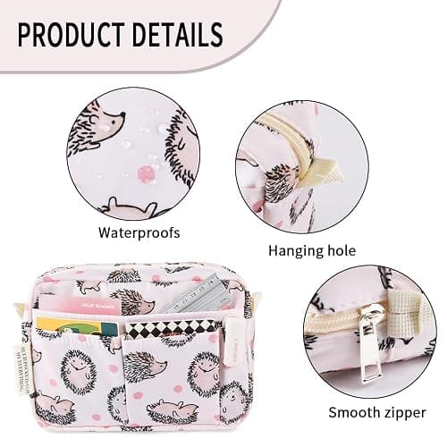 E-WEICHEN Multiple Pockets Portfolio Organizer with Zippered, Makeup Bag Travel Essentials for Women, Simple Waterproof Stationery Pencil Pouch Bag for Journal Office Art Supplies.Pink Hedgehog thumbnail 5