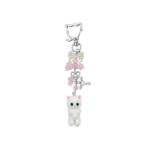 Safe Zone Playpen Cute Cat Keychain, Fuzzy Kitty Decor Gift for Cat Lovers, Heart Bow Pendant, Women Girls Kawaii Bag Charm - Fuzzy White Cat - Image 1