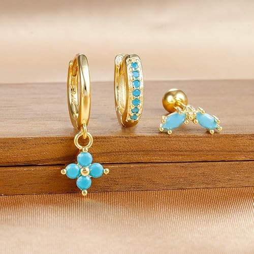 Small Gold Huggie Hoop Earrings Set for Women Turquoise Earrings 14K Gold Plated Cartilage Multiple Piercing Jewelry Hypoallergenic Sleeper thumbnail 2