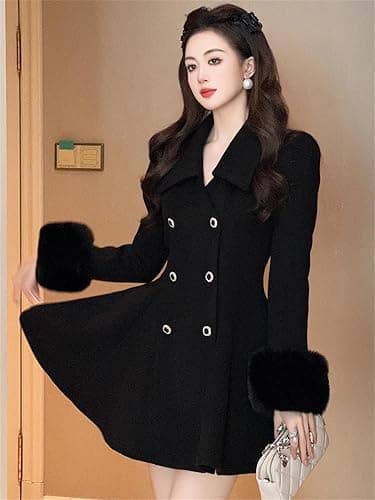 Bciopll Women's Black Double Breasted Woolen Coat With Faux Hair Cuffs Lapel Collar Flared Hem Slim Fit Winter Overcoat thumbnail 3