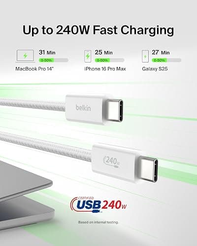 Belkin USB C to USB C Cable, 6.6ft, 240W - Type C Charger, iPhone Charger Cord, Soft, Braided, Flexible for iPhone 17, Galaxy S25, Pixel 10, MacBook, Chromebook, iPad Pro, Switch Steam Deck – White thumbnail 2