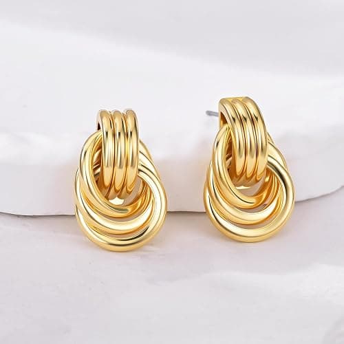 AIDSOTOU 6 Pairs Chunky Gold Earrings For Women Trendy Statement Gold Plated Flower Shell knot Dangle Earrings Lightweight Hypoallergenic Fashion Jewelry Set thumbnail 9