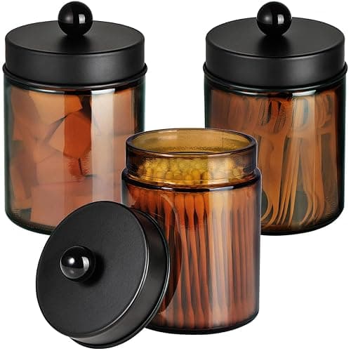 Amber Glass Qtip Holder, Apothecary Jar,Qtip Dispenser with Metal Lid & Stickers- 3Pack Containers,Vanity Canister Organizer Storage,Bathroom Accessories Set for Cotton Swab, Ball, Pad, Floss - Image 1