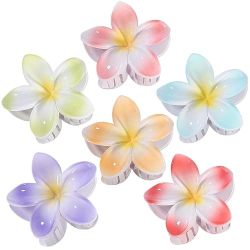 CHANDAT Flower Hair Clips 6 PCS Hawaiian Claw Clips for Vacation Hibiscus Hair Claw Clips Cute Large Hair Clips for Thick and Thin Hair Plumeria Hair Accessories for Women Girls -Light Petal - Image 1