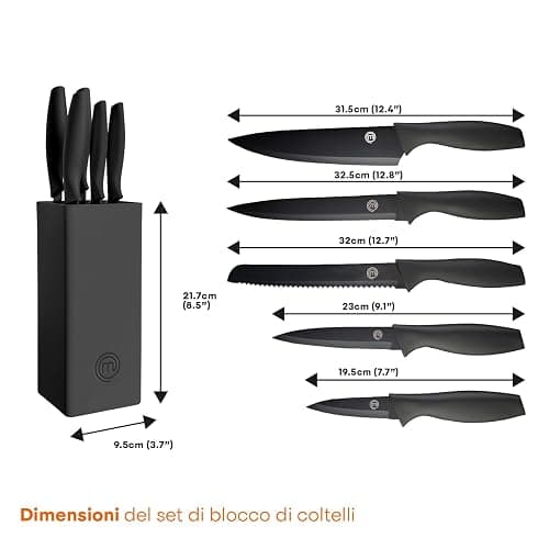 MasterChef Set Coltelli da Cucina con Ceppo Universale, Portacoltelli con Lama Affilato per Pane, Carne, Verdure e altro, Acciaio Inox, Prova di Calore, Manici Neri, 5 Pezzi, Nero thumbnail 3
