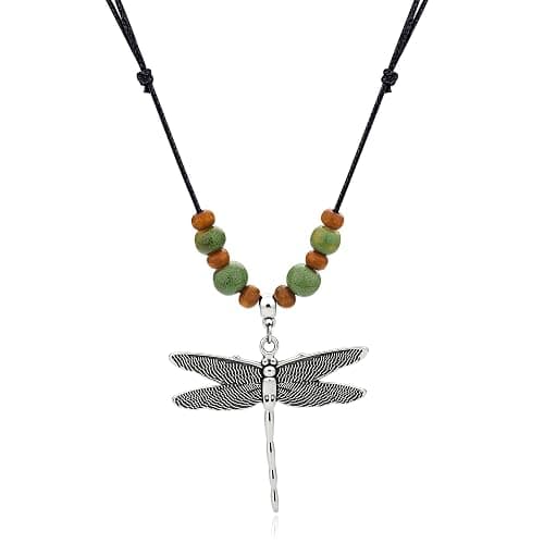 Sanyaa Silver Dragonfly Boho Hippie Necklace Renaissance whimsical Adjustable Cord Statement Jewelry for Women - Image 1