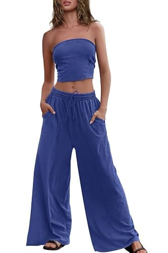 Panadila Womens Summer Lounge Sets 2 Piece Outfits Tube Top and Wide Leg Pants Matching Set Beach Vacation Clothes - Image 1