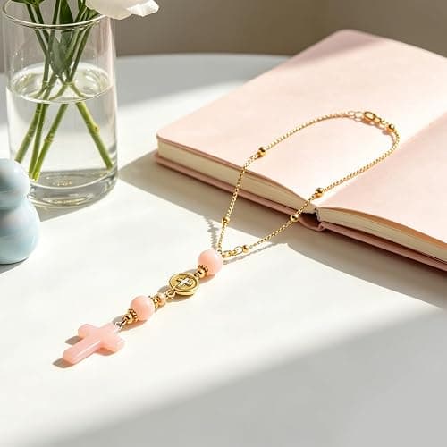 Car Rear View Mirror Accessories Car Hanging Ornament, Cross Unique Rearview Decor Charm Rose Quartz Crystal Beads Cross Swinging Interior Decor for Women Men (Pink) thumbnail 6