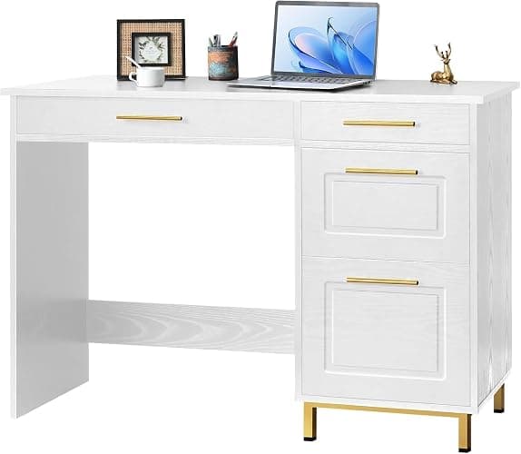 4 EVER WINNER White Desk with Drawers and Golden Handle, 43 Inch Small Desk with 4 Storage Drawers, Computer Desk with Storage Shelves for Home Office, White and Gold thumbnail 6