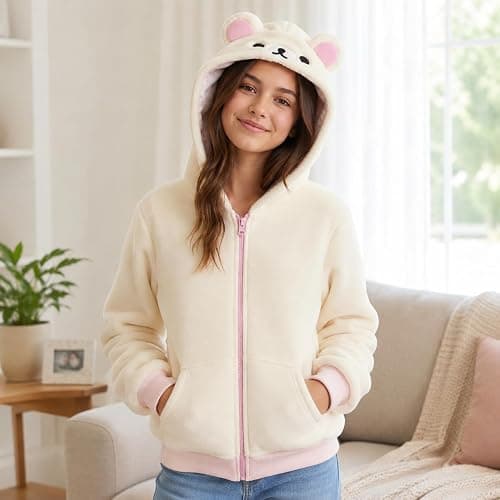 Y2K Cute Bear Ear Zip Up Hoodie Plush Fleece Jacket Kawaii 2000s Harajuku Hooded Sweatshirt Aesthetic Coat thumbnail 5