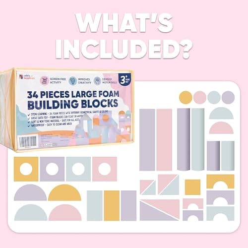 34 Large Foam Blocks for Toddlers - Pastel Stacking Soft Blocks for Kids | 34 jumbo soft EVA foam blocks in pastel colors - stack, build and float in the bath. Storage bag included. Non-toxic, ages 3+ thumbnail 4