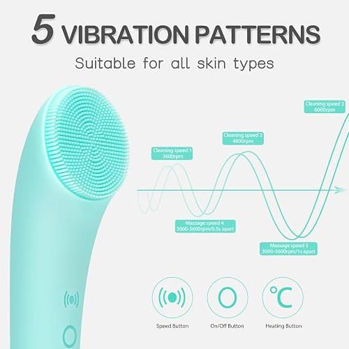PRITECH Silicone Face Scrubber, Rechargeable Facial Cleansing Brush with Heat Massage End, Vibrating Exfoliator Scrubber for Deep Cleaning, Waterproof Face Brush for Women and Men (Green) thumbnail 4