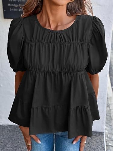 Tankaneo Womens Puff Sleeve Peplum Babydoll Tops Summer Smoked Pleated Cotton T-Shirts Casual Loose Fit Flowy Blouse thumbnail 4