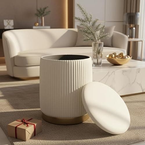 Boahaus Cersei White Velvet Vanity Ottoman with Hidden Storage, Makeup Chair for Vanity Desk, Elegant Foot Rest Stool with Gold Base for Bedroom, Living Room & Dressing Area (Pure White) thumbnail 4