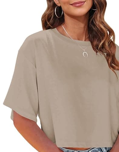 Tankaneo Women Half Sleeve Cropped T-Shirts Drop Shoulder Round Neck Crop Tops Casual Summer Solid Color Basic Tees thumbnail 2