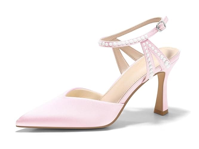 Coutgo Womens High Heels Closed Pointed Toe Satin Pumps Pearl Ankle Strap Wedding Party Dress Shoes - Image 1
