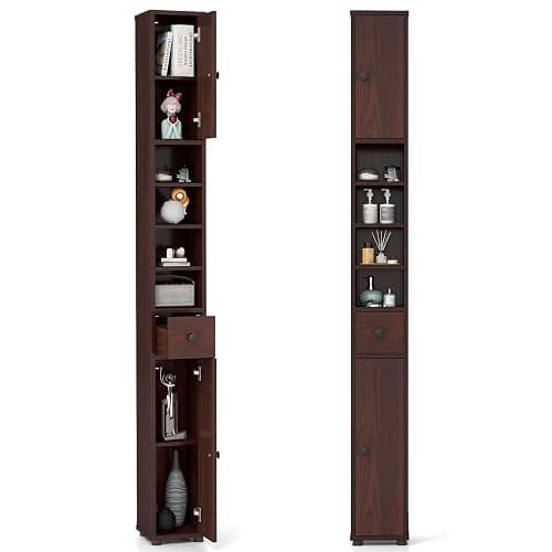 Tangkula Tall Slim Bathroom Storage Cabinet, 71" Freestanding Bathroom Cabinet w/ 2 Doors, 1 Drawer & 5 Adjustable Shelves, Floor Narrow Tower Cabinet for Small Spaces, 8" x 8" x 71" (Brown) - Image 1