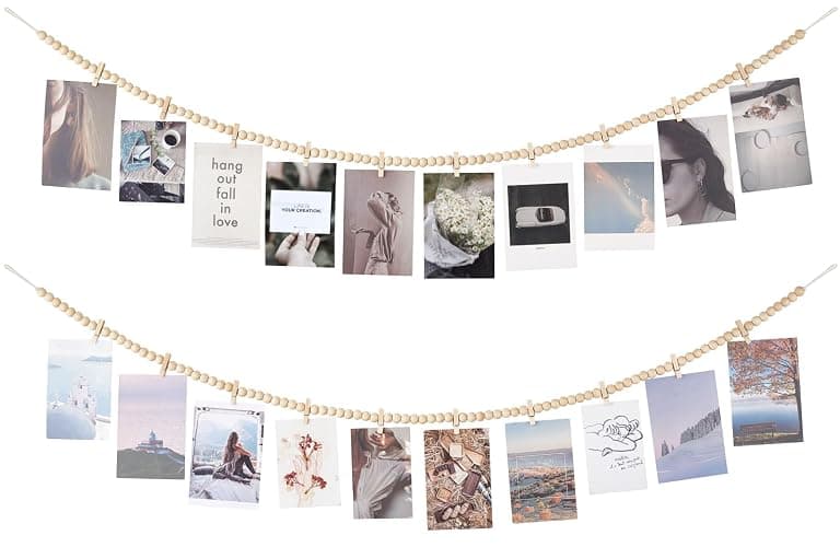Mkono Hanging Photo Display with Clips, Boho Wooden Bead Garland Banner, Collage Card Picture Kids Art Holder String with 10 Clips for Christmas Bedroom Dorm Decor, Teen Girl Gifts, Brown, 2 Pack - Image 1