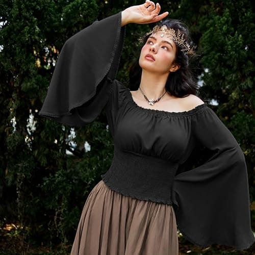 SCARLET DARKNESS Damen Renaissance Trachtenbluse Schulterfrei Gesmokte Mittelalter Shirt thumbnail 3