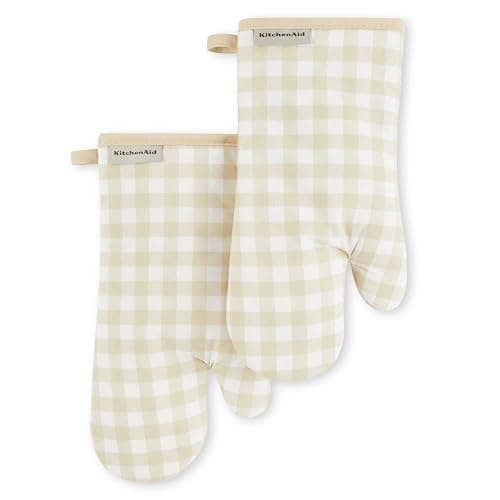 KitchenAid Gingham Oven Mitt 2-Pack Set, Milkshake, 7"x13" - Image 1