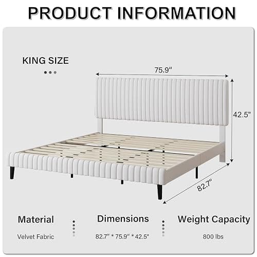 BarnFurin King Size Bed Frame with Adjustable Headboard/Velvet Upholstered Platform Bed with Vertical Channel Tufted Design/No Box Spring Required/Easy Assembly/White thumbnail 2