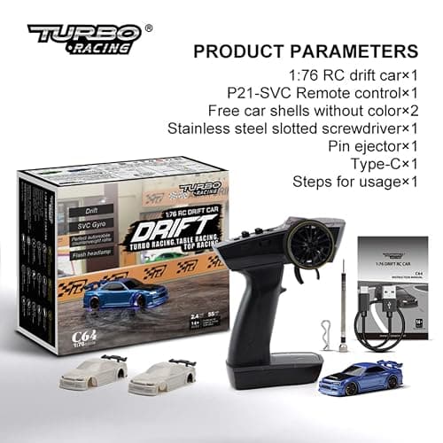 FLYCOLOR Turbo Racing 1:76 Scale Drift RC Car with Gyro Mini Full Proportional RTR 2.4GHZ Remote Control with 2 Replaceable Body Shell (C64-BLUE) thumbnail 7