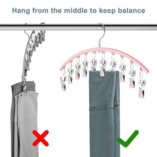 Legging Organizer for Closet, Metal Yoga Pants Hangers 2 Pack w/10 Clips Holds 20 Leggings, Space Saving Hanging Closet Organizer w/Rubber Coated Closet Organizers and Storage, Pink thumbnail 6