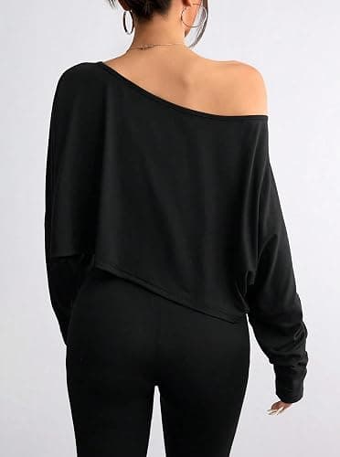 Hilinker Womens Off Shoulder Long Sleeve Crop Tops Sexy Boat Neck Loose Casual T Shirt thumbnail 2