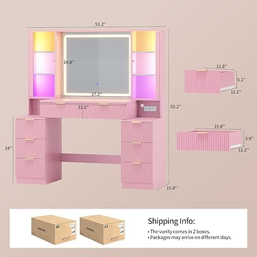 Big Vanity Desk, Fluted Makeup Vanity with Mirror Lights, Pink Vanities | Large, Charging Station, Sound Sync Chasing LED Lights, Wood Vanities, Luxury Glass Cabinets, 8 Drawers, Girls, Women thumbnail 2
