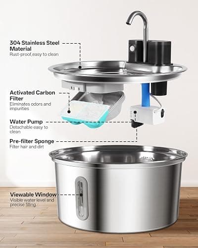 Wireless Cat Water Fountain for Drinking, VinDox 108oz/3.2L Stainless Steel Pet Water Fountain 20dB Ultra-Quiet 4200mAh Battery Operated with Motion Sensor for Cats & Dogs thumbnail 2