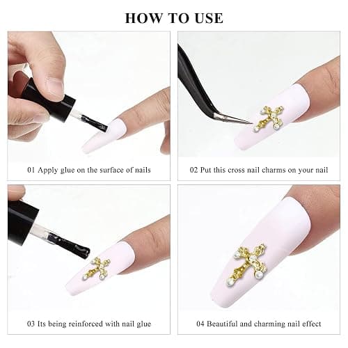 3D Cross Nail Charms, 30pcs Cross Nail Decorations for Nail Art, Pearl Gems Diamond Nail Decor, Gold Nail Charm Metal Alloy Crystal Rhinestones Nail Studs for Women Girl DIY Jewelry Cellphone Crafts thumbnail 7