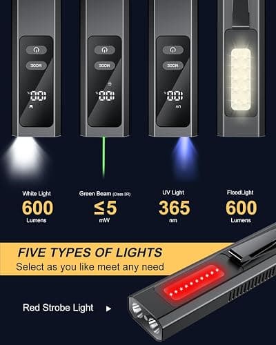 PPTSLID Flat EDC Flashlight Rechargeable with 4 Light Sources: Green Beam, UV Light, White LED Combo, Side Floodlight Combo, 600 Lumen Slim Small Pocket Magnetic Flashlight with Storage Case, Black thumbnail 2