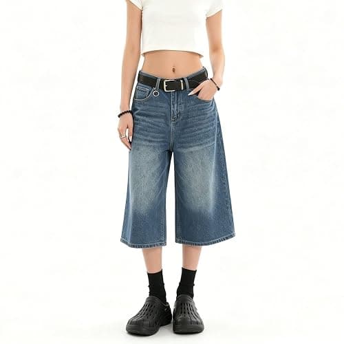 Chmnigma Jorts Women Baggy Jean Shorts Wide Leg Long Denim Shorts Unisex | Baggy Capris,Loose Denim jort,High Rise,Summer Streetwear,Oversized Jeans,Classic 4 Pockets,Casual Outfits thumbnail 2