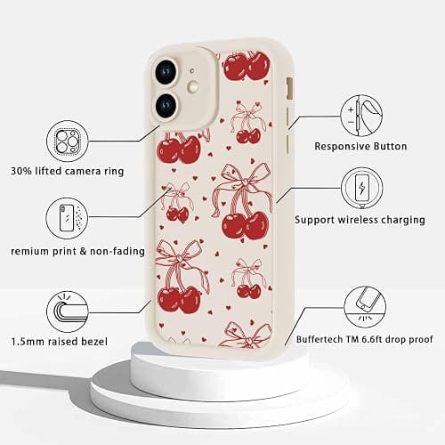 Zrutru 2 Pack Cherry Phone Case for iPhone 12 mini 5.4",Cute Aesthetic Cases Kawaii Bow Design Pattern Cover for Girls Women,Beige Soft Anti-Scratch Shockproof Protection Funda for iPhone 12 mini thumbnail 4