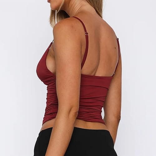 Womens Deep V Neck Tank Crop Top Summer Sleeveless Pleated Tops Sexy Spaghetti Strap Cute Going Out Backless Shirts thumbnail 4