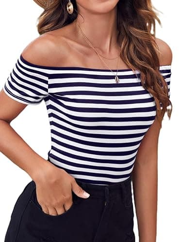 LilyCoco Off The Shoulder Tops for Women Striped Short Sleeve Sexy Going Out Top - Image 1