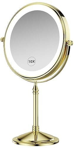 DOWRY 4000 mAh Rechargeable Lighted Makeup Mirror 10x Magnification Vanity Mirror Tabletop Two-Sided Swivel Gifts for Women Wife Mom Teengirls Mothers Day Gold Finish - Image 1