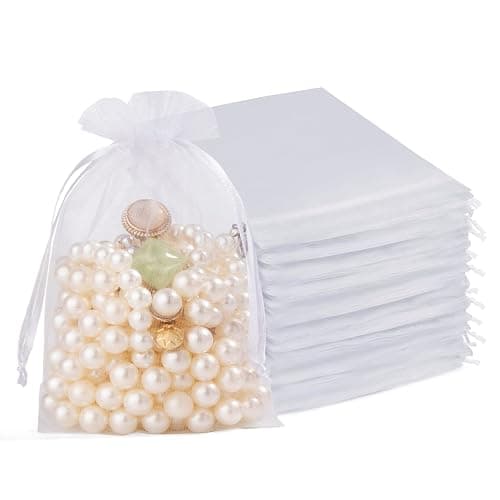 Crweety 50 Pcs Organza Bags 4x6, White Small Mesh Gift Bags Drawstring Bulk | Use for Jewelry Candy Soap Treat Sachet, Mini Party Favor Goodie Pouches, for Wedding Baby Bridal Shower Birthday Halloween - Image 1