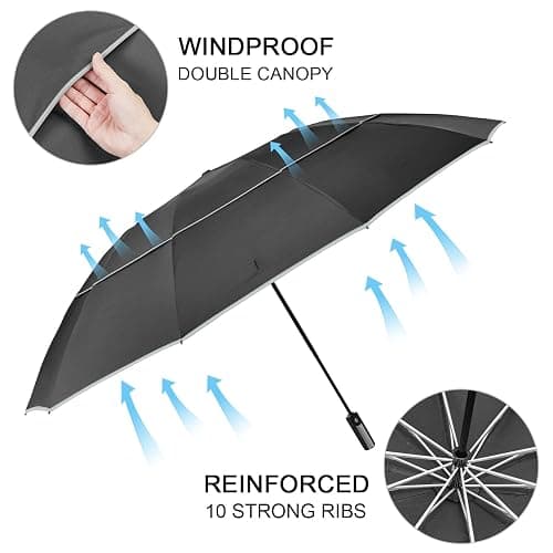 G4Free 54/62 Inch Windproof Inverted Umbrella with Reflective Stripe, Large Compact Reverse Golf Travel Umbrella for Rain 10 Ribs Double Canopy Automatic Open Close - Black - 62 inch thumbnail 3