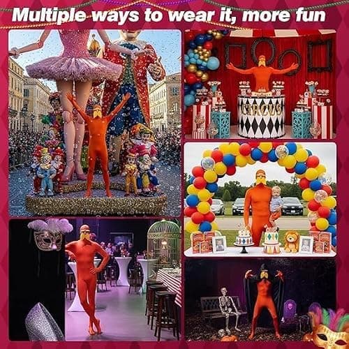 Orange Jumpsuit Women Men Halloween Costume Slim Fit Yellow Bodysuit with Mustache and Eyebrows Stretch Funny Cosplay Clothes thumbnail 4