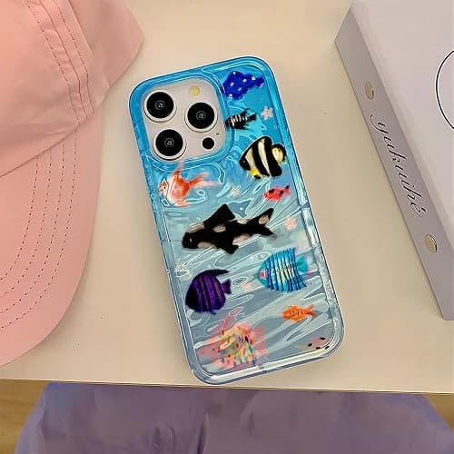 Casechics Compatible with iPhone Case,Cute Ocean Animals Aquaria Lovely Fishes Full Body Protection Soft Shockproof Cover Phone Case (Blue,iPhone 15) thumbnail 4