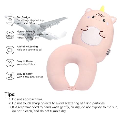 stocaggio Kids Travel Pillow - 2-in-1 Deformable Kids Neck Pillow for Traveling, Soft U-Shaped Pillow with Adorable Animal Design, Comfy Sleep and Play, Ideal for Airplanes and Cars - Pink Unicorn thumbnail 4