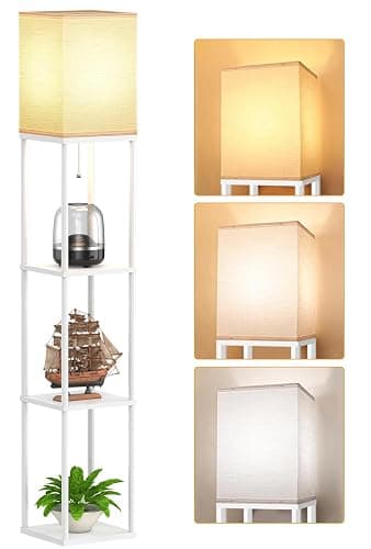 Floor Lamp with Shelves for Living Room White, Shelf Floor Lamp with 3 CCT LED Bulb, Corner Display Standing Column Lamp Etagere Organizer Tower Nightstand with White Linen Shade for Bedroom, Office - Image 1